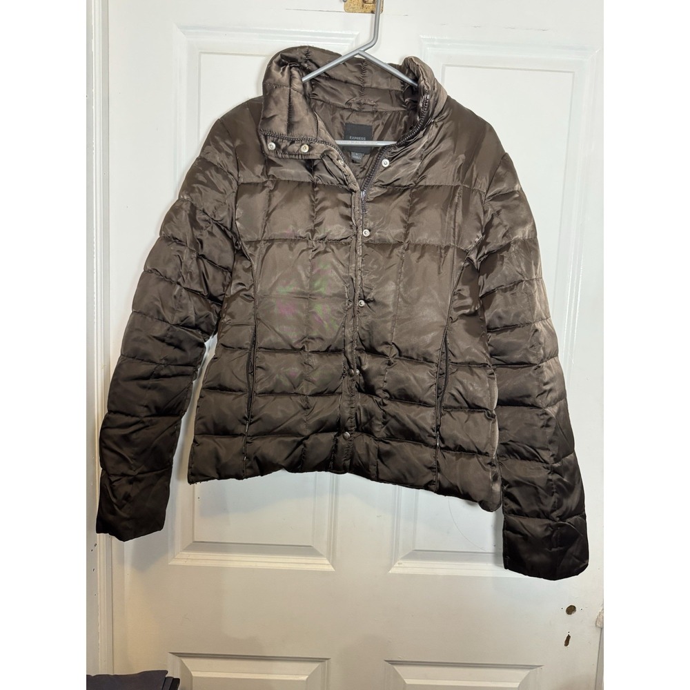 Express Brown Womens Small Juniors Lg Quilted Puffer Jacket Zip Up Winter Coat